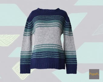 Hand-Knitted Alpaca Wool Sweater, Three-Color Striped Crew Neck