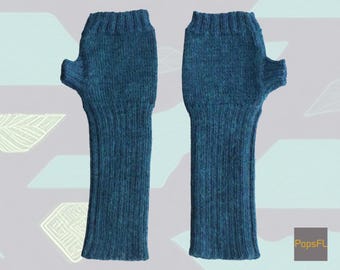 Hand Knitted Alpaca Fingerless Gloves, Blue Green Blend
