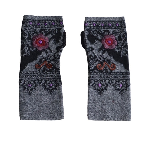 Chauffe-poignets en tricot jacquard fin, gants sans doigts avec détail de fleurs brodées, mélange d'alpaga