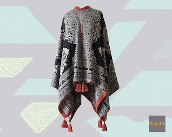 Baby Alpaca Ruana Wrap Reversible with Jacquard Pattern, Dark and Light Sides, Tassels.