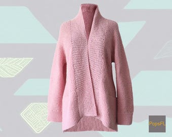 Damen Offene Strickjacke, handgestrickt, Wolljacke, Farbe Pink grösse L/XL