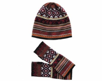 Ensemble: Bonnet et chauffe-poignets jacquard tricoté alpaga mélange. Chapeaux d’hiver + gants sans doigts