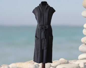 Women's waist coat, sleeveless cardigan soft felted, 100% baby alpaca, length 37 inch.