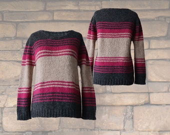 Women's sweater made from an alpaca blend yarn, with a soft brushed texture and a stripe design featuring three different colors.