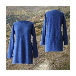 Women&#39;s sweater, in soft brushed alpaca blend crewneck sweater with split at the bottom, blue winter warm alpaca wool sweater made in Peru.