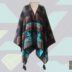Ruana wrap alpaca blend jacquard knitted with pattern, reversible with black tassels, warm winter wrap baby alpaca