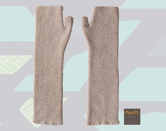 Women fingerless alpaca gloves, hand knitted wrist warmers, arm warmers, color beige.
