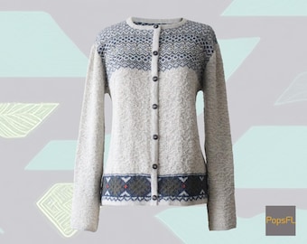 Cardigan, 100% soft baby alpaca, Jacquard knitted, crew neck, button closure.