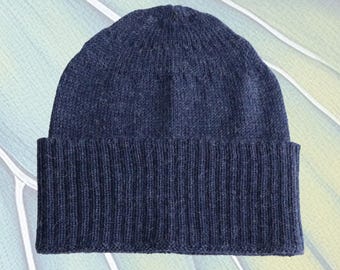 Classic Fisherman beanie made from 100% alpaca, color jeans blue, unisex.