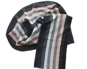 Men's scarf baby alpaca, fine double knitted scarf with stripe pattern black-gray-brown-beige unisex