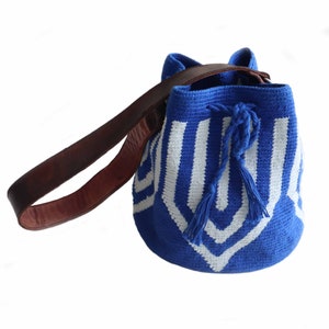 Hand knitted bucket bag, cotton with leather belt   blue /white