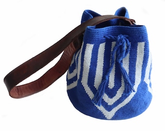 Hand knitted bucket bag, cotton with leather belt   blue /white