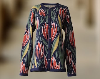 Baby alpaca cardigan Intarsia knitted, with all over color full pattern and crew neck