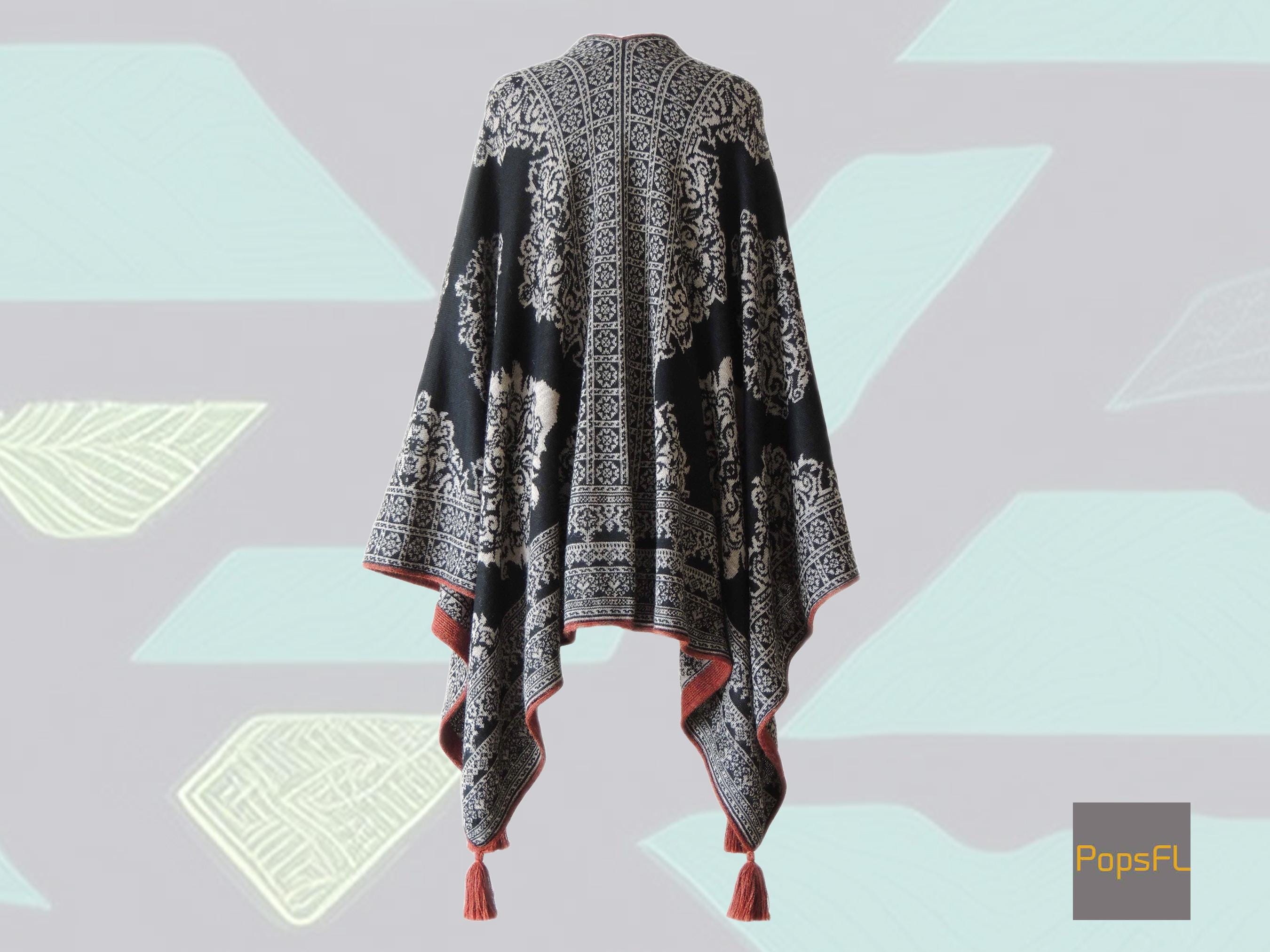 Baby Alpaca Ruana Wrap Reversible With Jacquard Pattern, Dark and Light ...