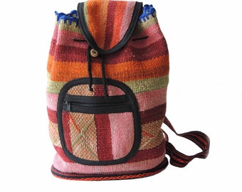 Handmade Boho Wool Backpack, Orange Beige Sack Bag, Made in  display picture 1
