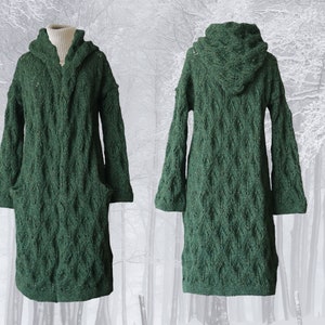 Capote coat, hand crocheted, hooded, 93% alpaca blend, color green / blue melange, Length: approx 34 Inch  / 86 cm