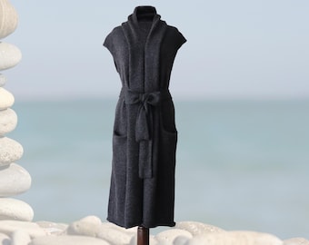 Women's waist coat, sleeveless cardigan soft felted, 100% baby alpaca, length 39 inch.