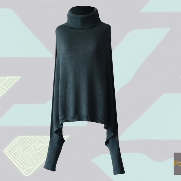 Poncho met mouwen, met col, 100% royal alpaca kleur donkergroen.