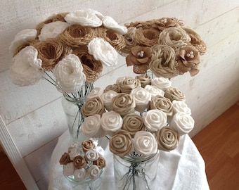 Set of 5 burlap / cotton canvas / linen canvas flowers with or without stem