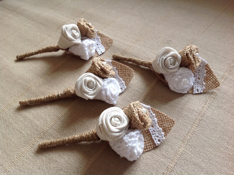 Boutonnière en toile de jute, tissu et dentelle image 4