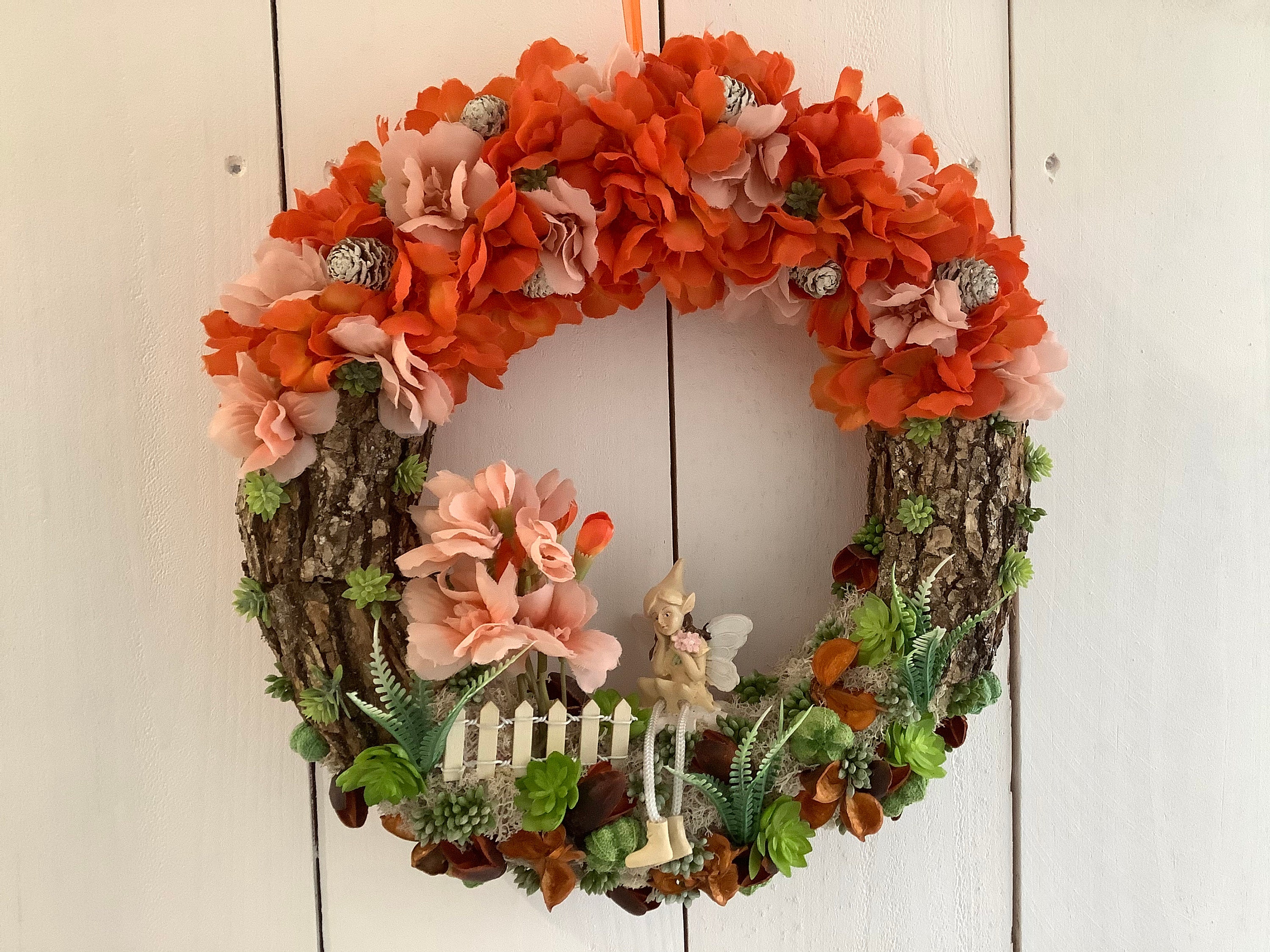 Décoration Pâques/Printemps Fée - Couronne à Suspendre Orange/Rose Antique