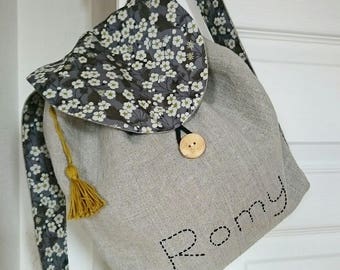 Petit sac à dos enfant en lin et liberty Mitsi gris personnalisable