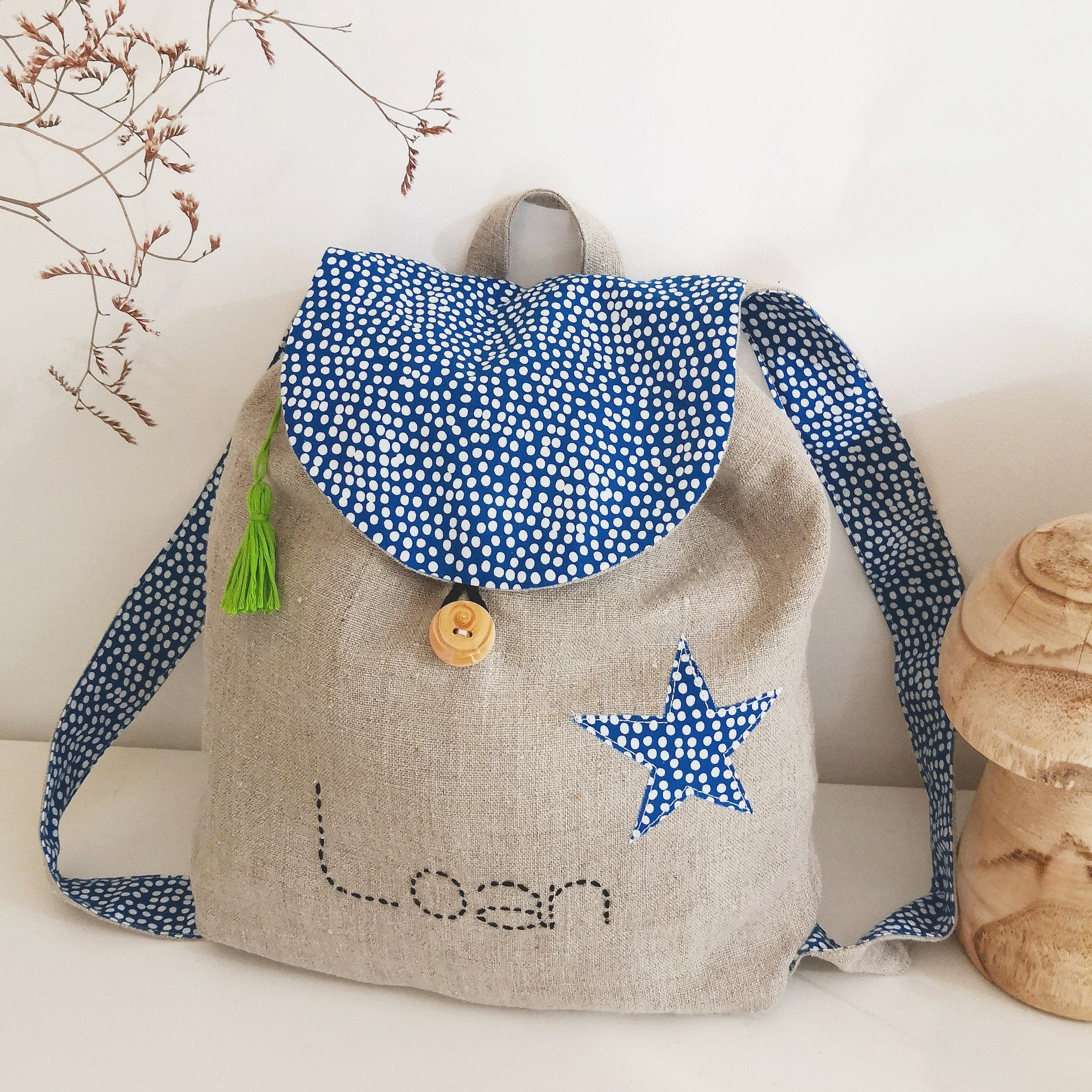 Petit Sac à Dos/ Cartable Enfant/bébé En Lin Et Coton Bleu Motifs Blanc  Personnalisable 