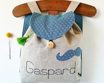 Petit sac à dos en lin et coton motif japonnais bleu canard personnalisable pour enfant/bébé