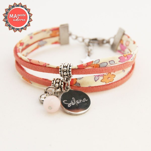 Bracelet Enfant Fille gravé Liberty Ella & Libby avec perle de quartz rose, idée cadeau communion, amies pour la vie, filleule et marraine