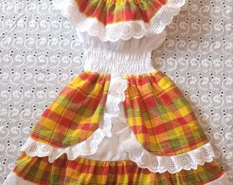 Robe Fille en Madras Coton Dentelle et Smock