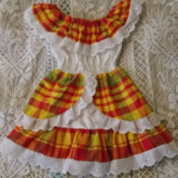 Robe fille en Madras Coton Dentelle et Smock