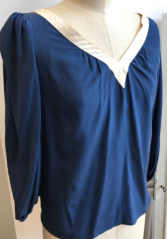 Yves Saint Laurent Navy Silk Top / 1980s Blue Top