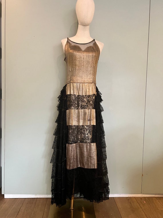 30s gold lamé and black lace dress