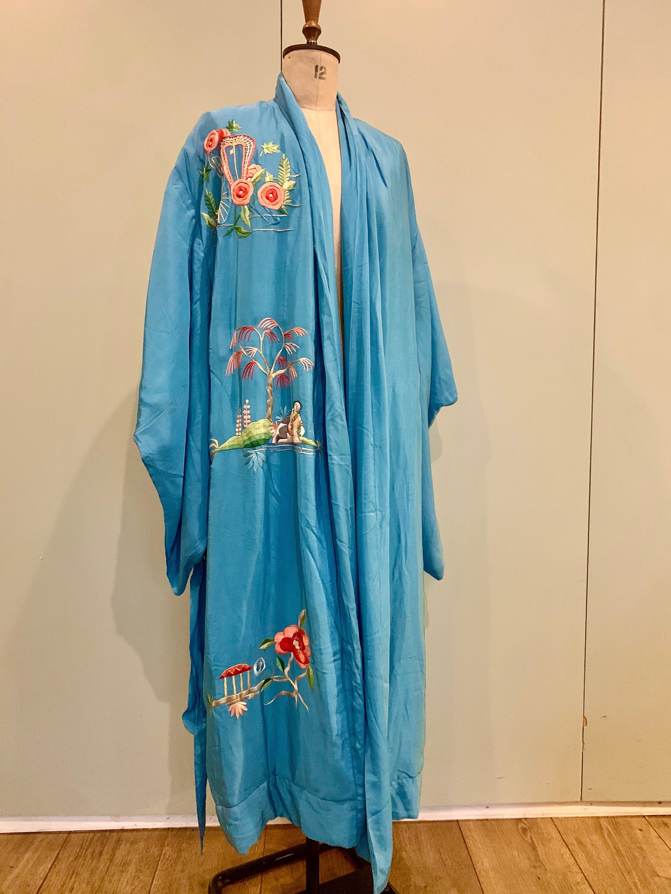 Image of Blue Silk, Japanese S Embroidered Kimono