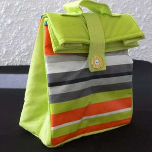 Lunch Bag / Sac à gouter en tissu enduit rayé  vert, gris ,orange