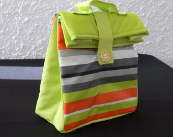 Lunch Bag / Sac à gouter en tissu enduit rayé  vert, gris ,orange