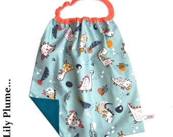 serviette élastiquée enfant, serviette de table enfant, serviette de cantine bleu ciel dinosaure