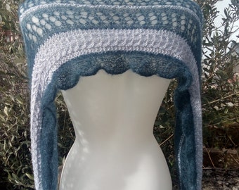 Stole, dark blue, sky blue scarf in hand-knitted mohair and silk for women "Ames fleurs".