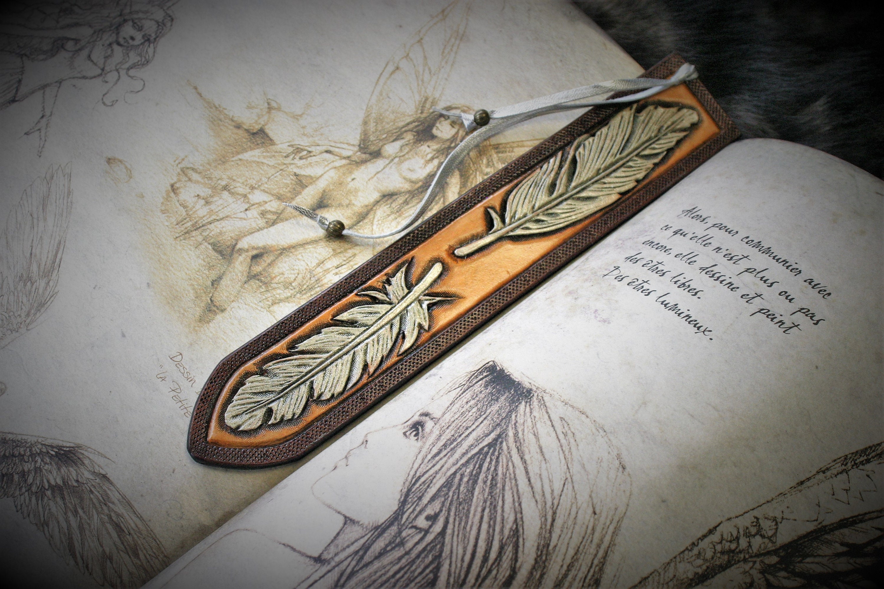 Leather bookmark embossing leather carved leather feather Etsy