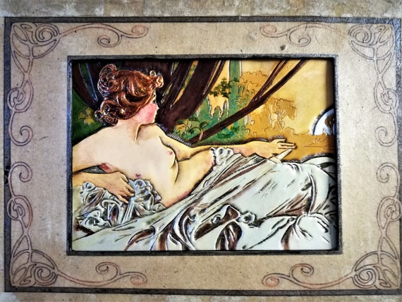 Art Nouveau nude painting in embossed leather: The Dawn of Mucha