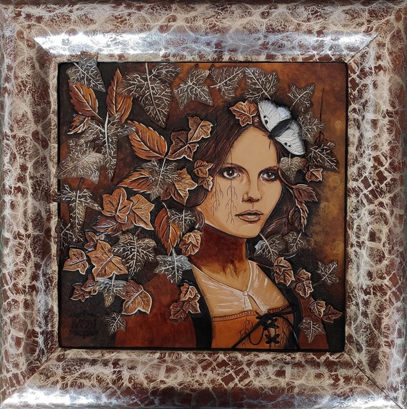 Fairy woman portrait, fantasy art on leather and parchment