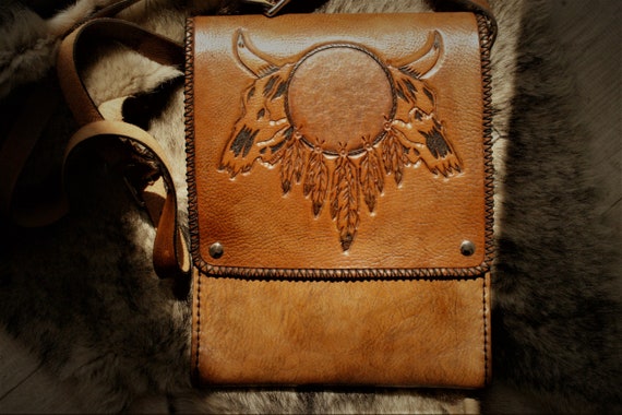 western leather bag, man leather bag, gift for man, country man, native inspired pattern, dream catcher, buffalo