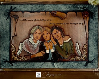 Les soeurs Brontë, tableau en cuir repoussé