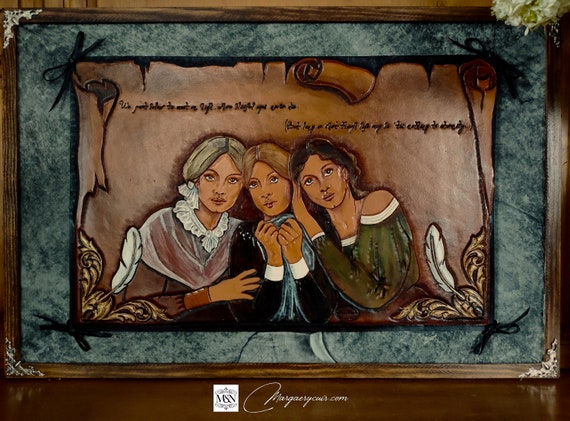 The Brontë Sisters, painting on hand carved leather