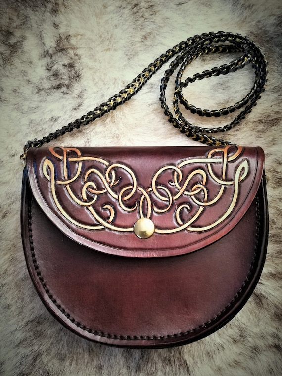 Leather tiny bag, fantasy fairy style, red and gold