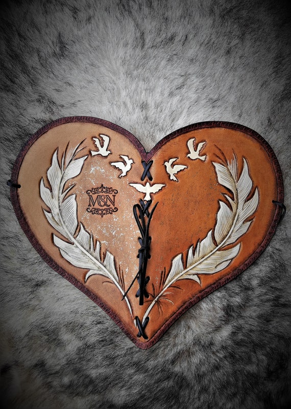 Heart shaped leather book, heart of feathers, leather wedding book
