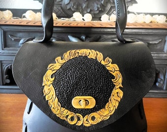 Sac en cuir noir victorien néo gothique Ophélie