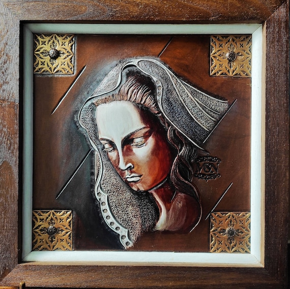 Woman portrait on leather, mater dolorosa