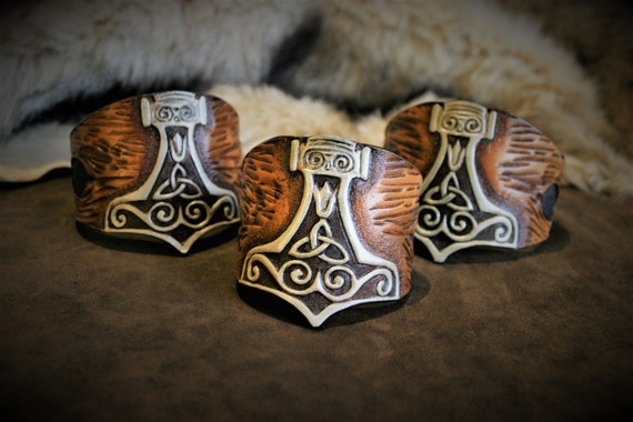 Viking carved leather bracelet, gift for him or her