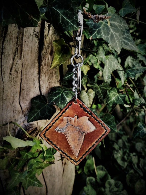 Leather Bag charm, ivy shape, leather mosaique, key ring